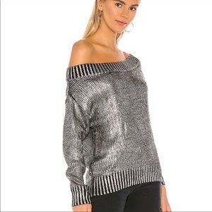 NWOT- Superdown “Marla” Metallic Silver Off the Shoulder Sweater